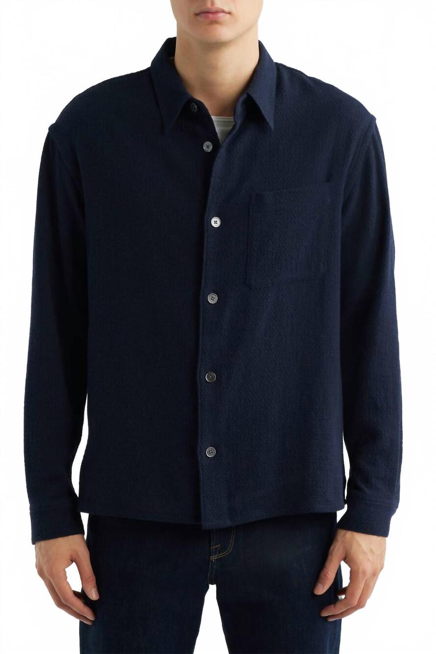 NEW FRAME open weave long sleeve button down shirt in dark navy